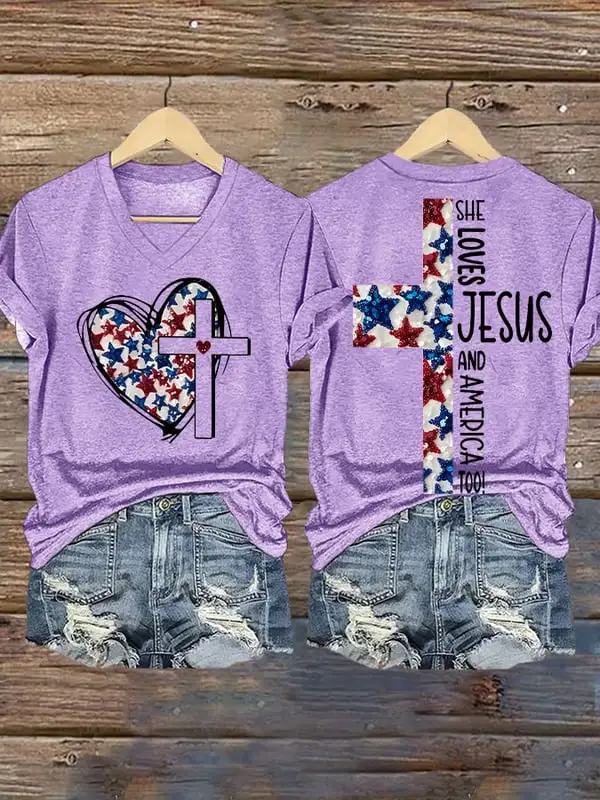 Woman'S She Loves Jesus And America Too! V-Neck Short-Sleeve T-Shirt