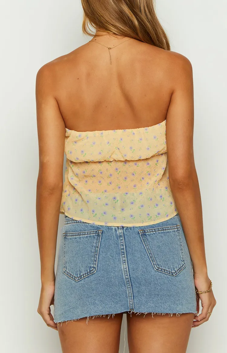 Yellow Floral Print Strapless Top