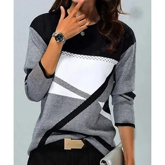 Women's Plus Size T shirt Tee Black Red Blue Color Block Print Long Sleeve Casual Weekend Basic Round Neck Regular Fit Painting Fall & Winter
