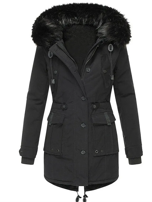 Women's Parka Fleece Lined Puffer Jacket Thicken Winter Coat Windproof Thermal Warm Heated Coat Zipper Drawstring Hoodie Outerwear Long Sleeve