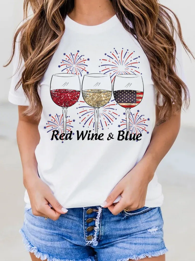 Red Wine Blue Print Round-Neck Short-Sleeved T-Shirt