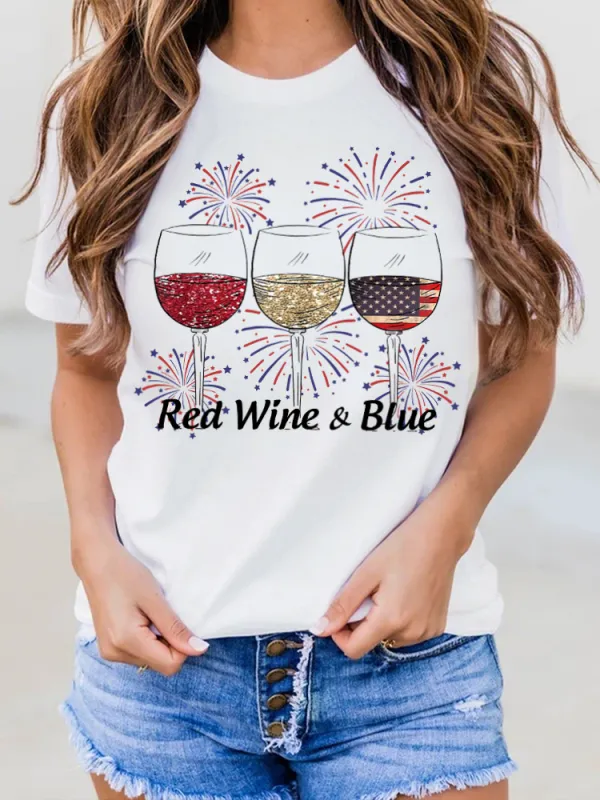 Red Wine Blue Print Round-Neck Short-Sleeved T-Shirt