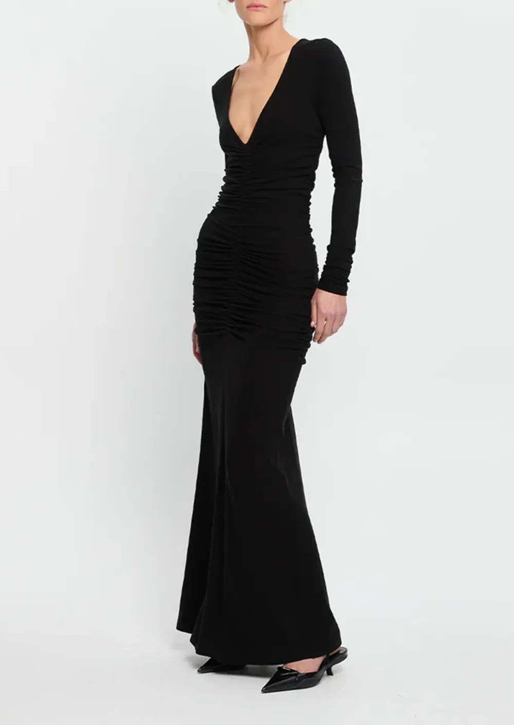 Long Sleeved V Neck Ruched Maxi Dress