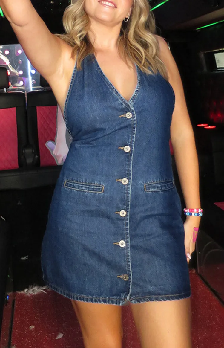 Denim Halter Neck Button Front Mini Dress