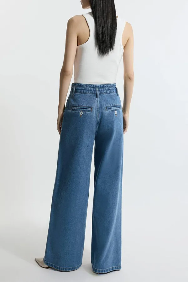 Denim Waistband Detail Wide Leg Trousers