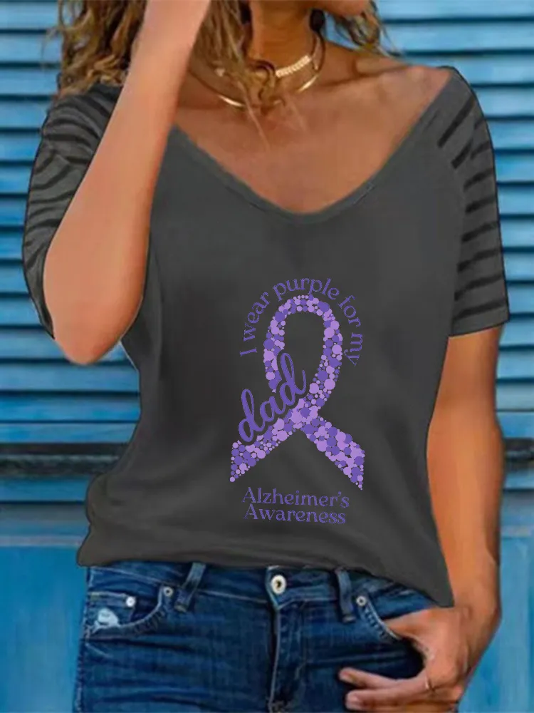 Women'S I Wear Purple For My Dad Alzheimer'S Awareness V-Neck Short-Sleeved T-Shirt