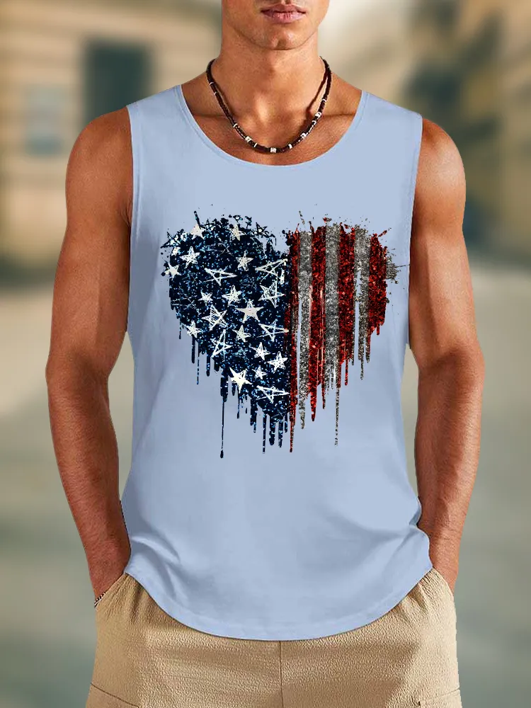 Men'S Stars And Stripes Heart-Shaped Print Round-Necked Sleeveless Vest
