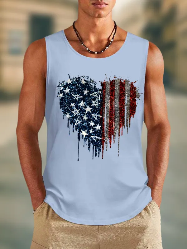 Men'S Stars And Stripes Heart-Shaped Print Round-Necked Sleeveless Vest