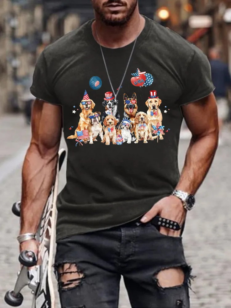 Men'S Independence Day Puppy National Flag Round-Neck Short-Sleeved T-Shirt