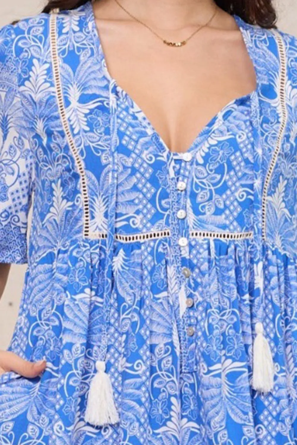 Blue Patterned V Neck Short Sleeve Swing Dress