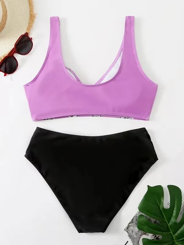 Women's Swimwear Bikini 2 Piece Normal Swimsuit Backless 2 Piece Push Up Sexy Printing Leaf Striped Black Light Green Wine Lavender Purple V Wire Bathing Suits New Vacation Stylish