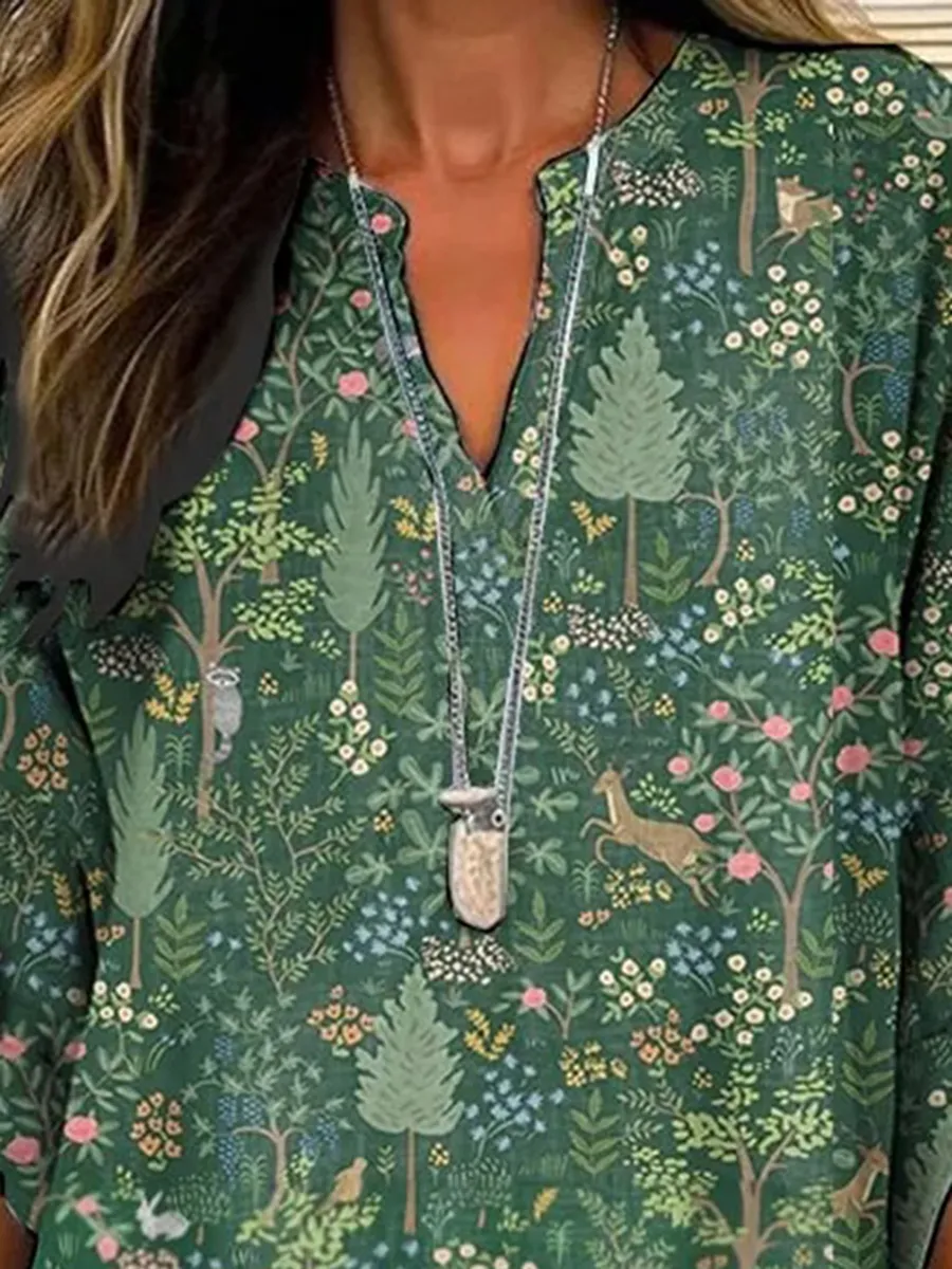 Women's Casual Forest Animal Plant Flower Cotton And Linen Shirt