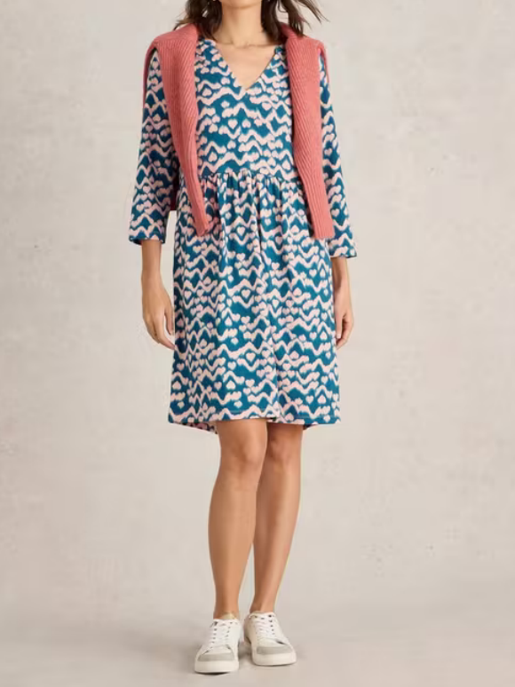 Jersey Knee Length Dress In Teal Print