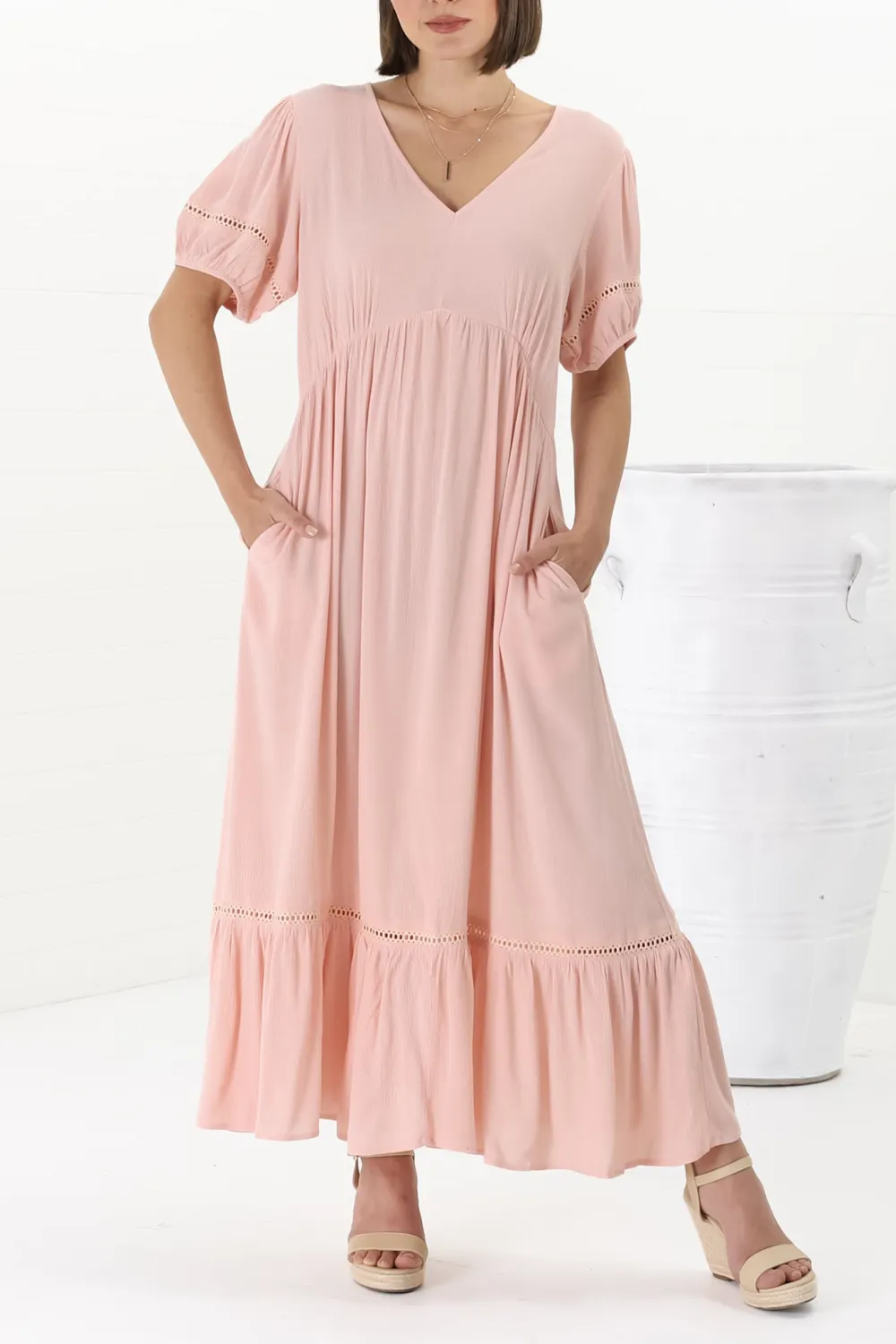 Pink V Neck Puff Sleeve Ruffled Maxi Dress