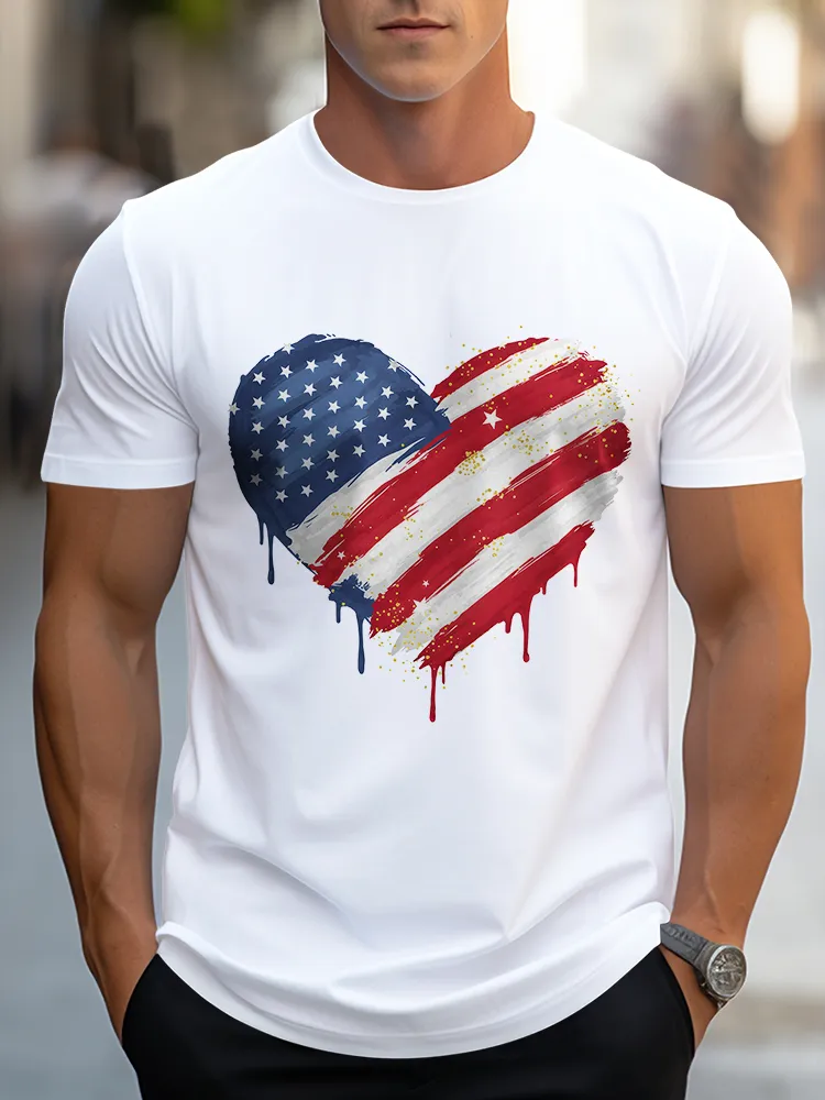 Man'S Star Stripe Heart Pattern Round-Neck Short-Sleeved T-Shirt