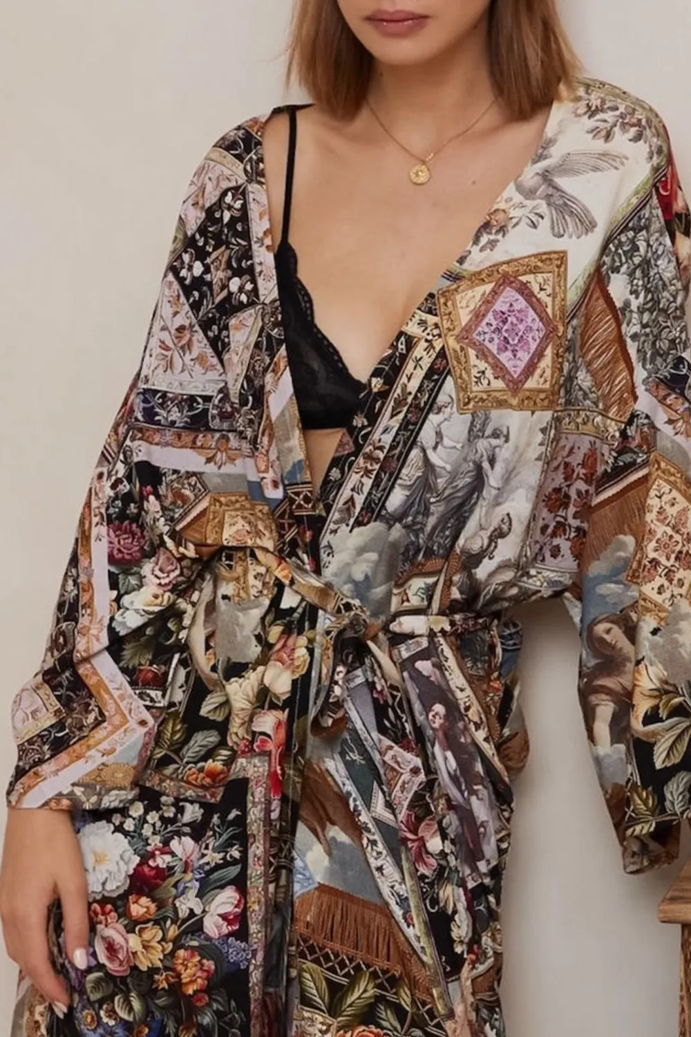 Wrap Kimono With Waist Tie In Print