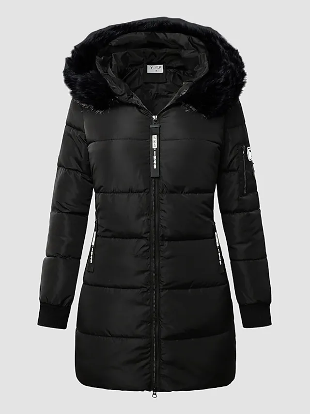Women's Puffer Jacket Long with Pockets Slim Fit Fur Collar Coat powder Bean Green White Black Gray Classic Style Christmas Winter Zipper Hoodie Regular Fit M L XL XXL XXXL / Daily / Windproof
