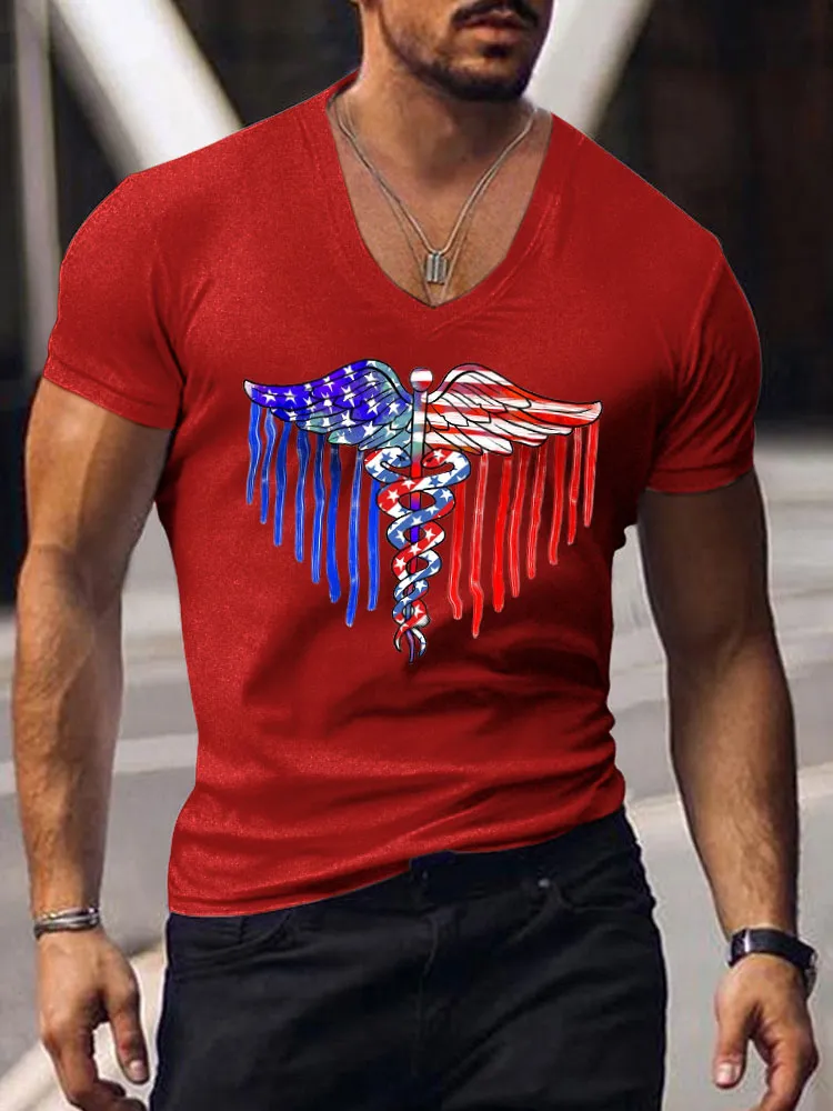 Snake Wing National Flag Print Short-Sleeved V-Neck T-Shirt