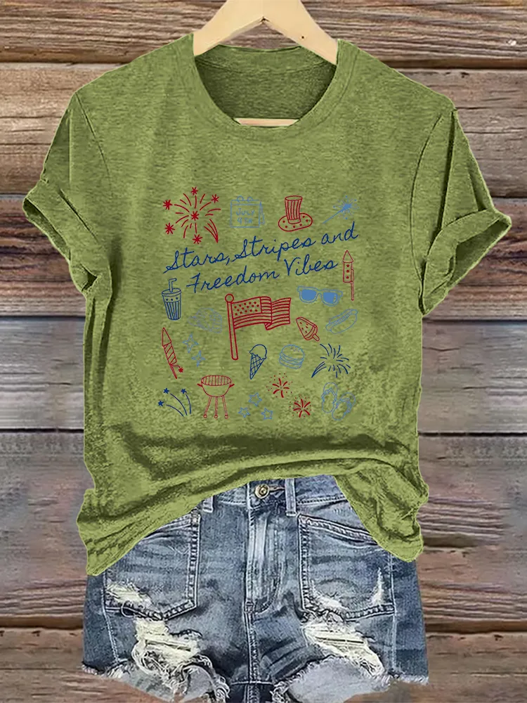 Woman'S Stars Stripes And Freedom Rights Crew Neck Short Sleeve T-Shirt