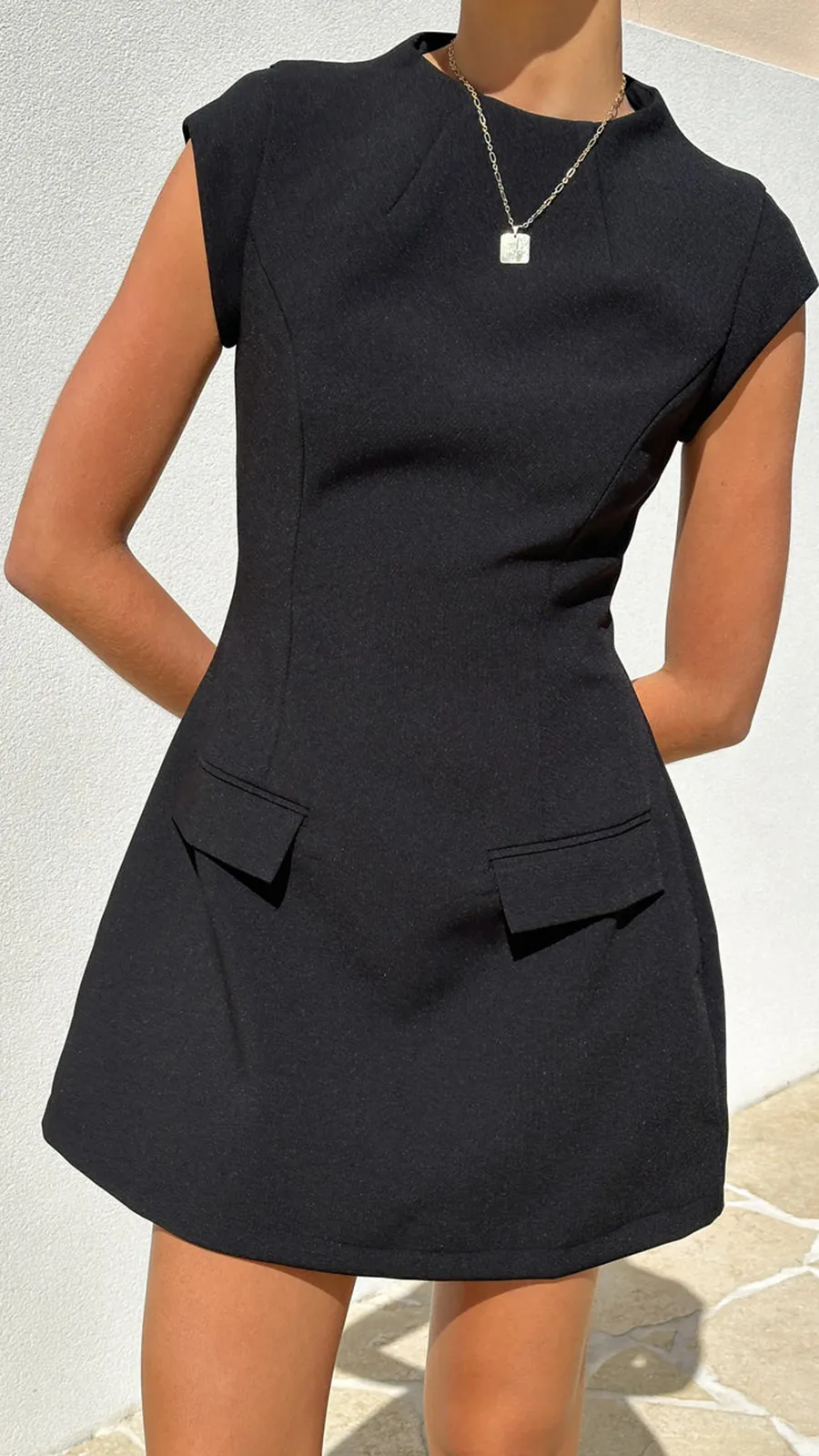 High Neckline Capped Sleeve Mini Dress