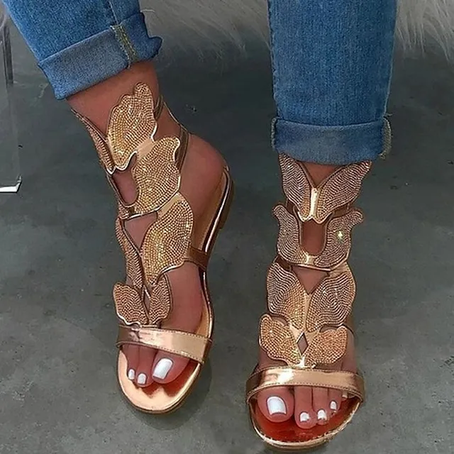 Women's Sandals Flat Sandals Plus Size Sparkly Sandals Party Daily Summer Rhinestone Flat Heel Open Toe Vintage Classic Casual Faux Leather Loafer Color Block Silver Black Gold