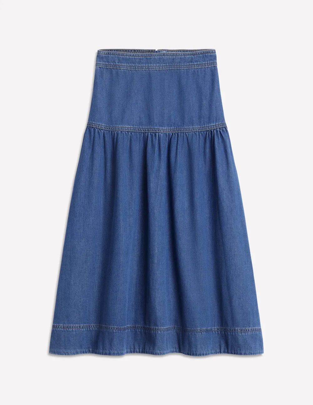 Blue Denim Tiered Midi Skirt