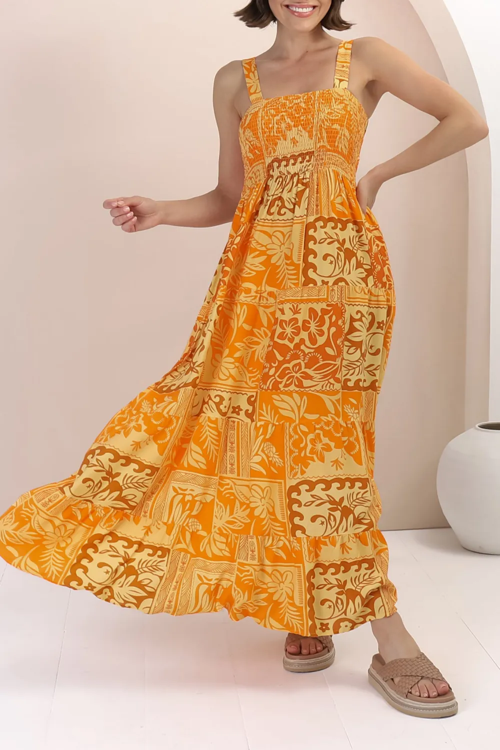 Yellow Patterned Strapless Maxi Dress