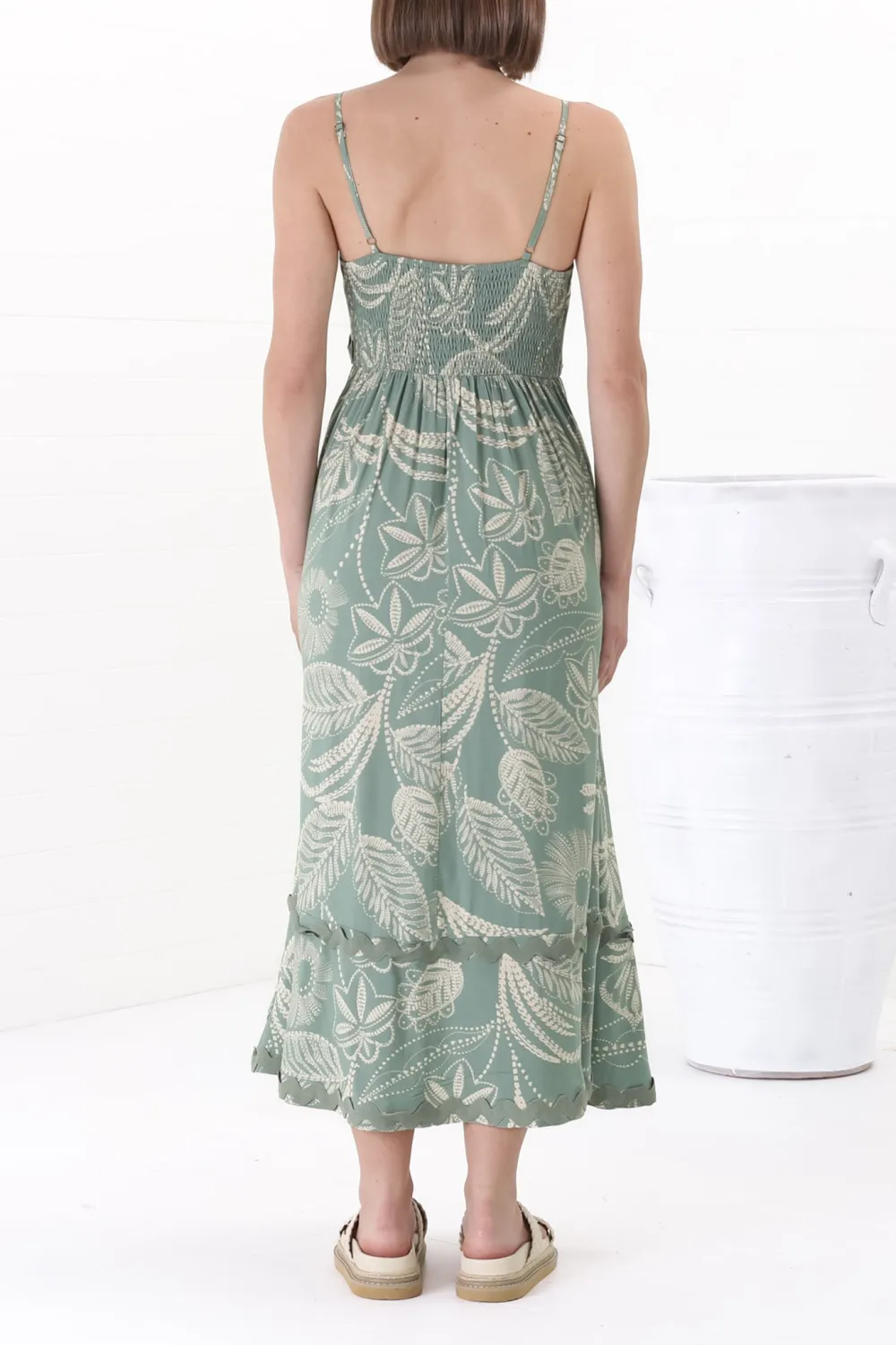 Light Green Leaf Print Slip Maxi Dress