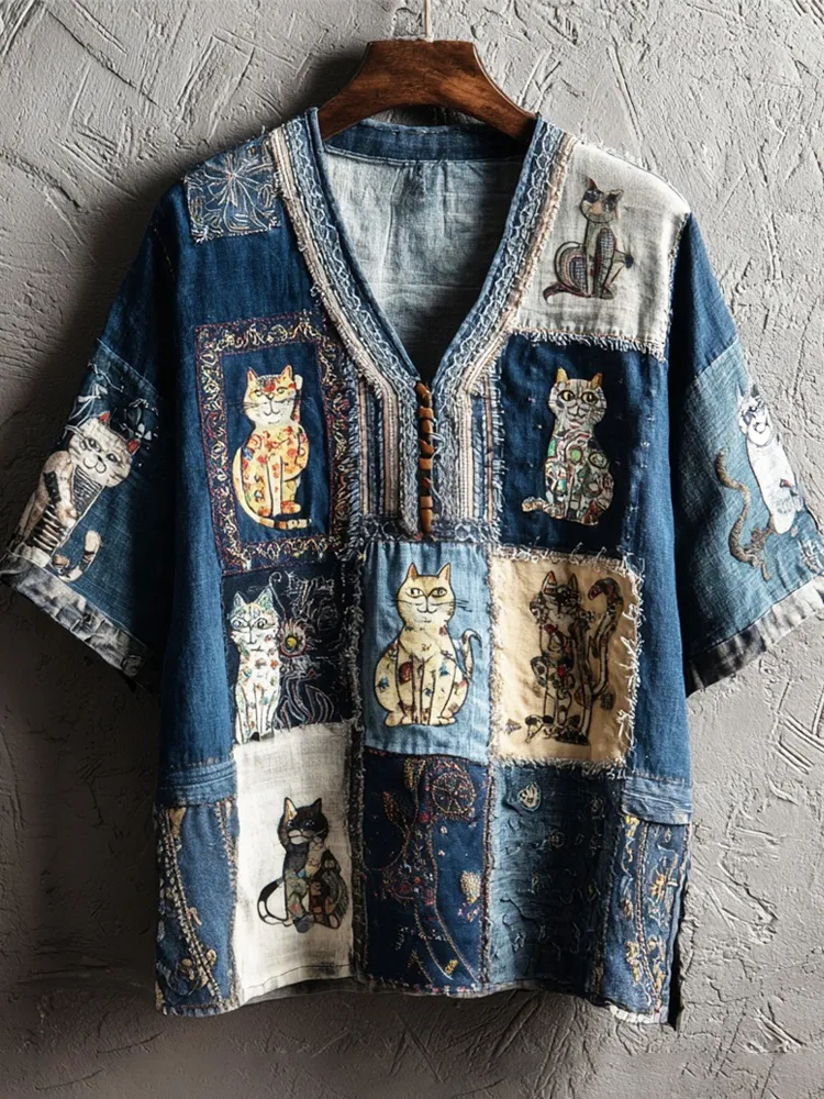 Vintage Shabby Patchwork Cats Women's Linen V-neck T-shirt