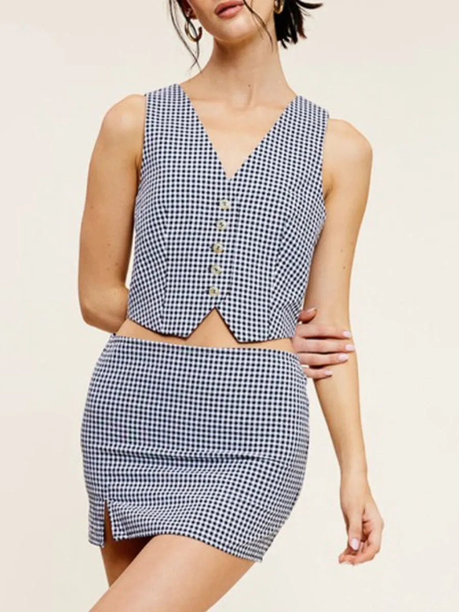 Black And White Plaid Button Vest