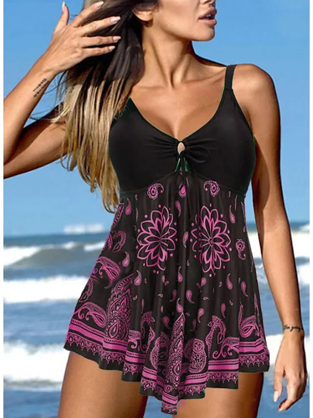 Women's Swimwear Tankini Swim Dress 2 Piece Normal Swimsuit 2 Piece Modest Swimwear Floral Print Black Purple Padded Strap Bathing Suits Sports Vacation Beach Wear