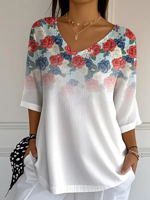 Women'S Flower Print Long-Sleeved V-Neck Shirt