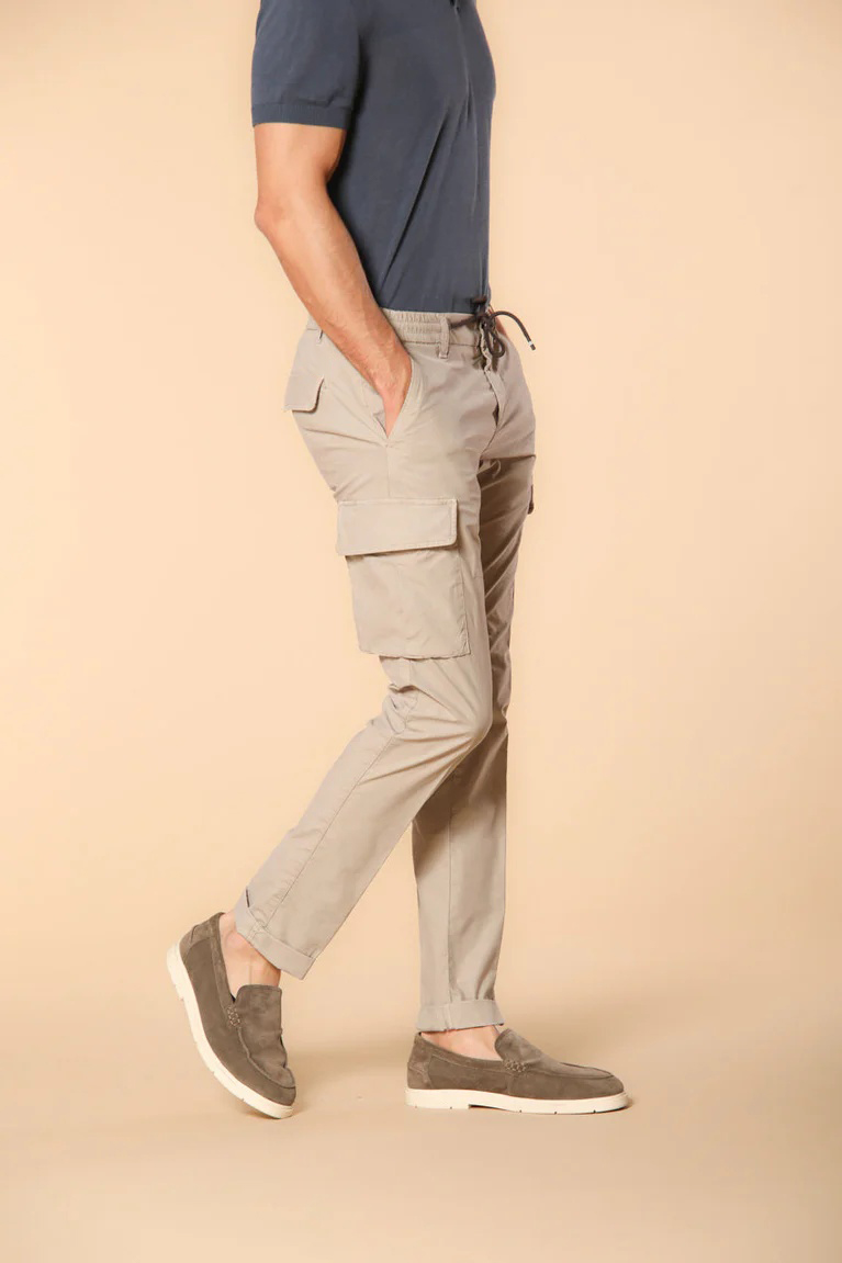 Men's Light Beige Slim Fit Parachute Fabric Cargo Pants with Large Pockets