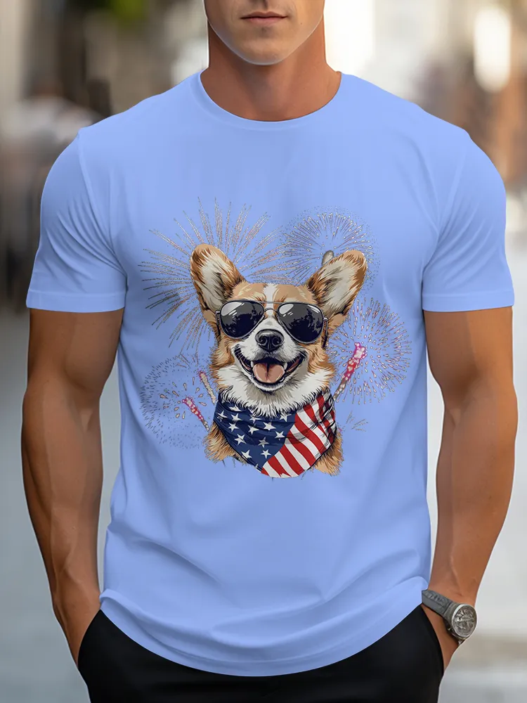 Man'S Puppy Fireworks Round-Neck Short-Sleeved T-Shirt