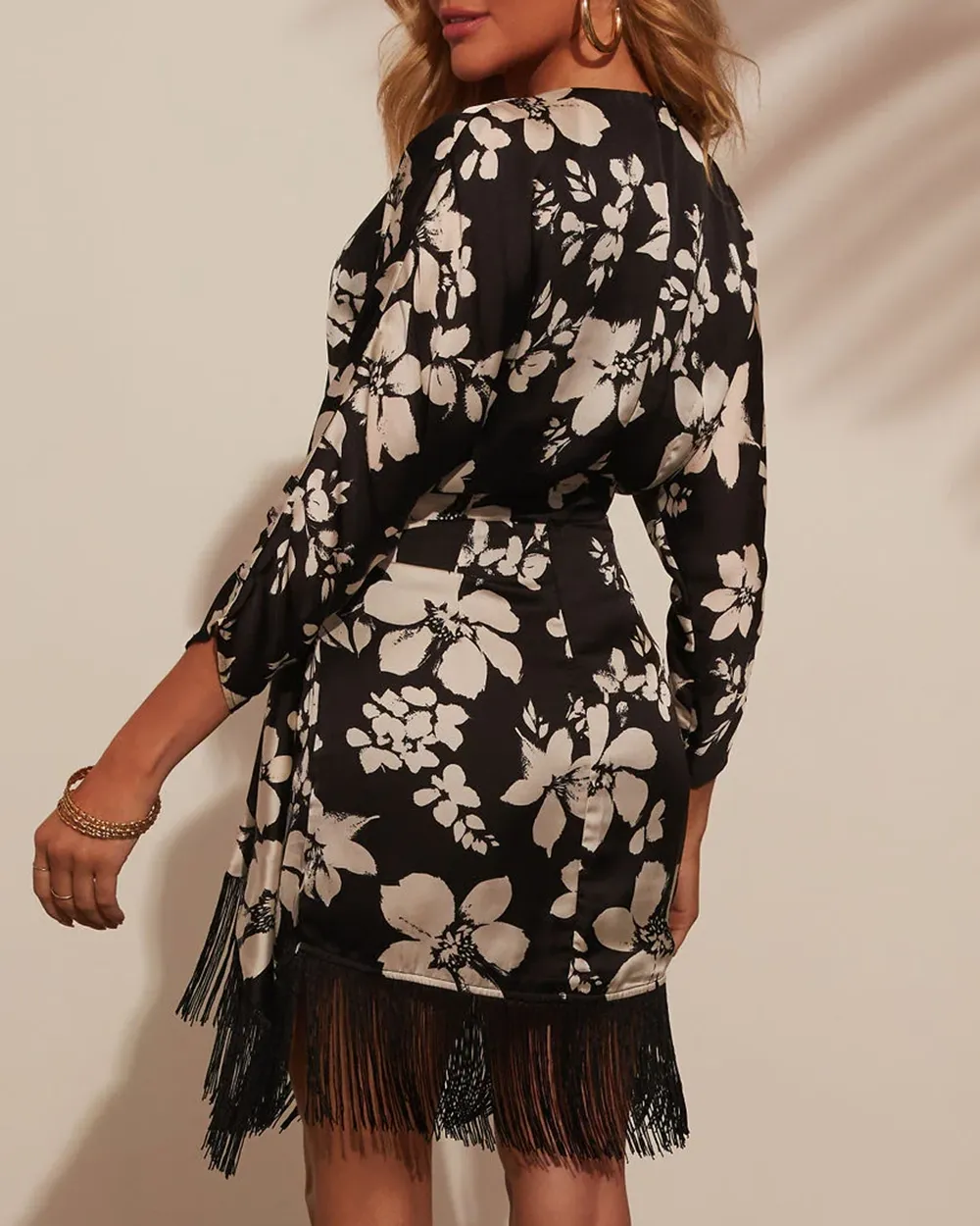 Long Sleeve Fringe Printed Mini Dress