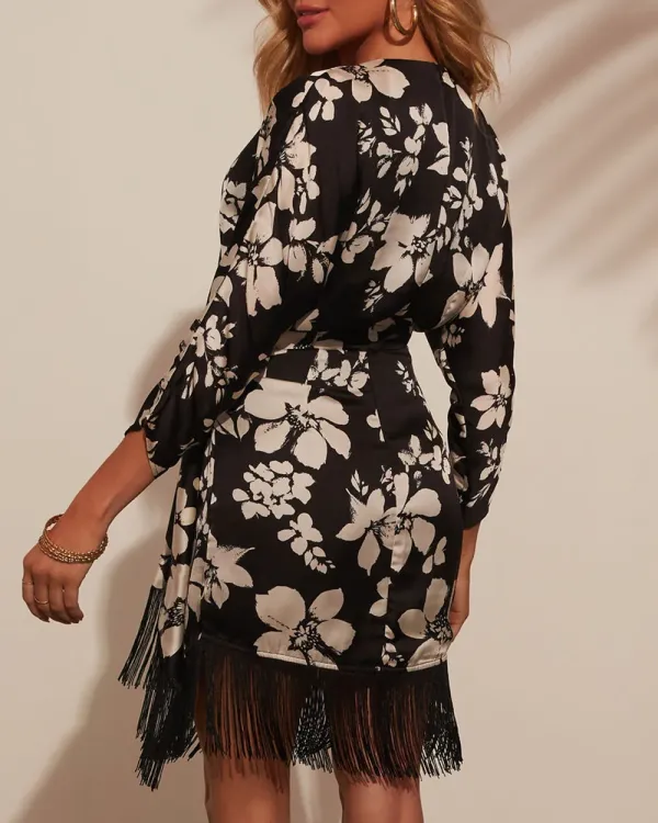 Long Sleeve Fringe Printed Mini Dress