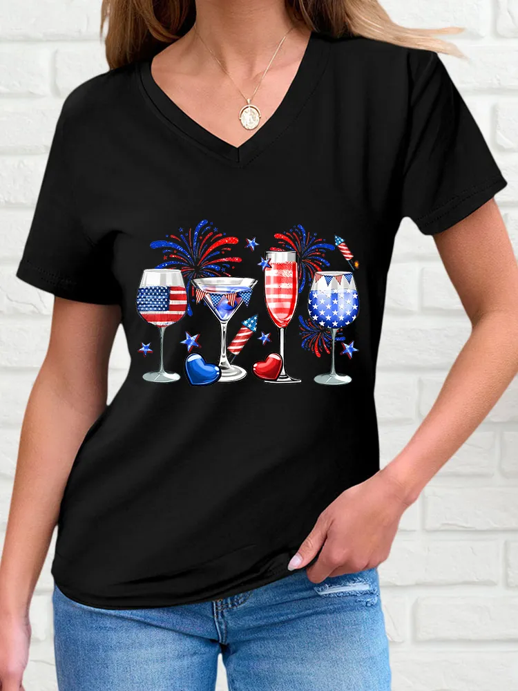 Woman'S Firework Star Bar Goblet V-Neck And Short Sleeves T-Shirt