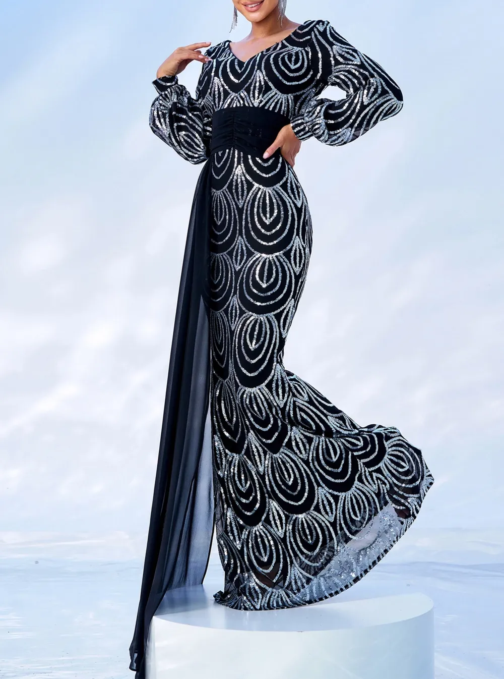 Formal Draping Sequin Long Sleeve Dress
