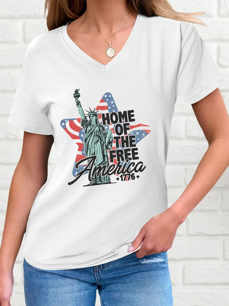 Woman'S Home Of The Free America 1776 V-Neck And Short Sleeves T-Shirt