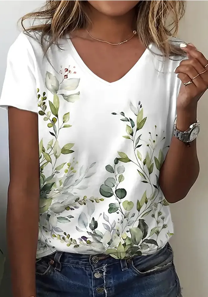 Women's Casual Floral Print Short Sleeve V Neck T-Shirt
