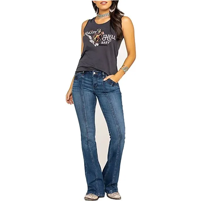 Women‘s Low Rise Jeans Flared Pants Bell Bottom Full Length Denim Side Pockets Wide Leg Micro-elastic Fashion Street Casual Blue Deep Blue S M