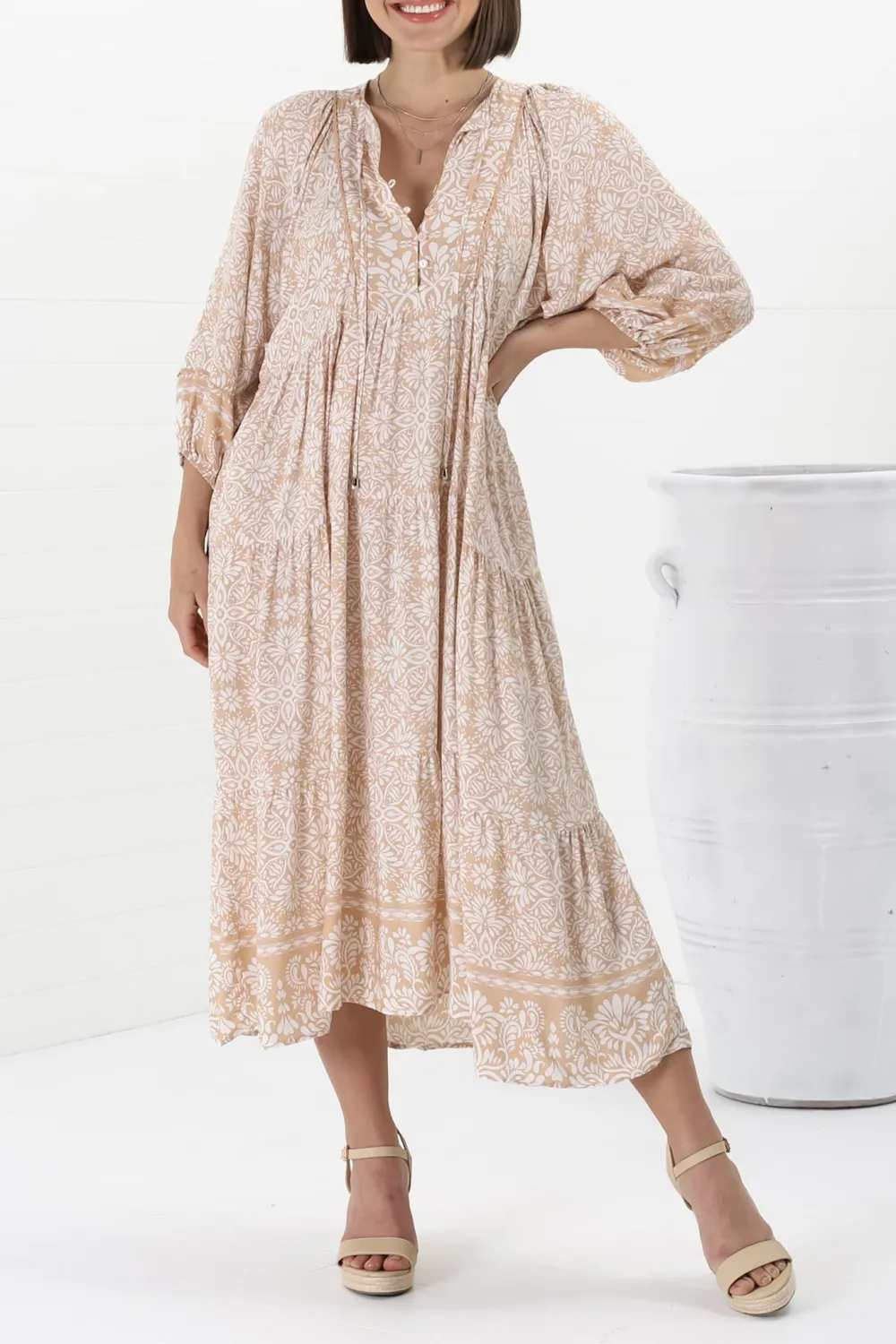 Beige Patterned Half Sleeve Midi Dress