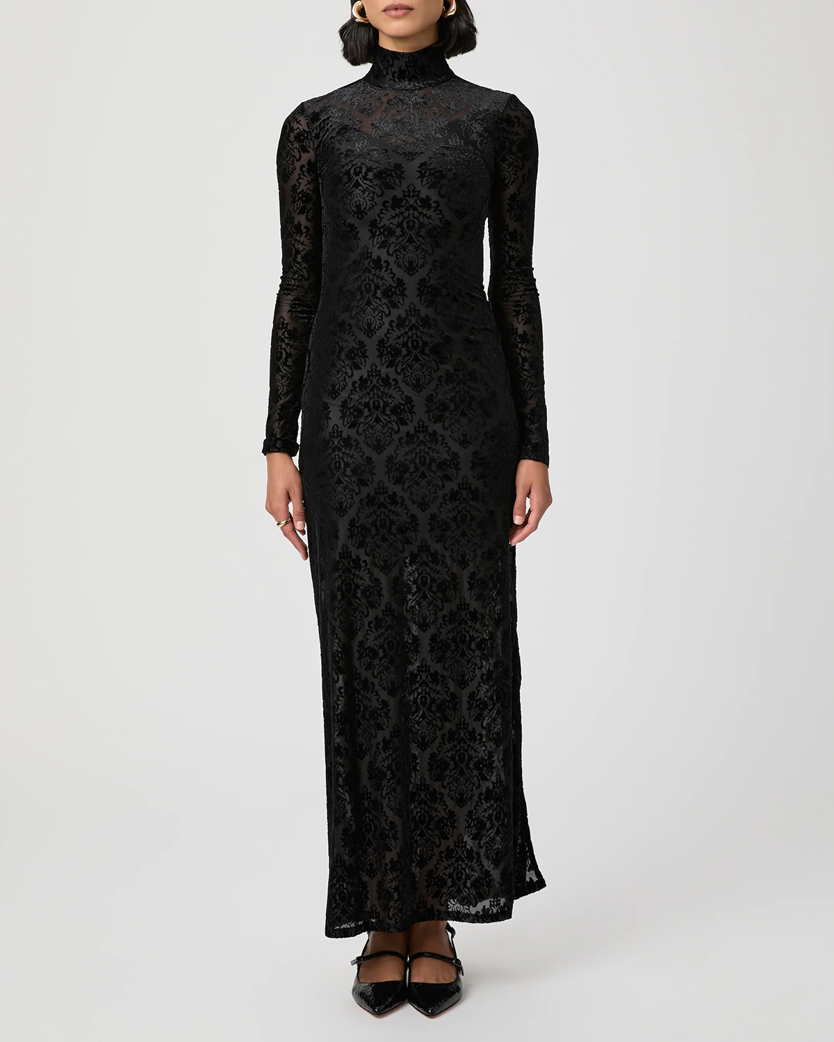 Black Lace Patterned Long Sleeve Maxi Dress