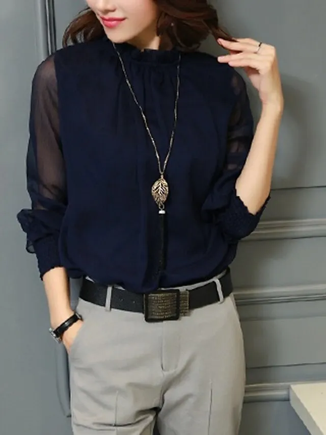 Women's Shirt Blouse Eyelet top Turtleneck shirt Wine Black White Mesh See Through Long Sleeve Office Work Business Basic Casual Regular Regular Fit Lantern Sleeve M