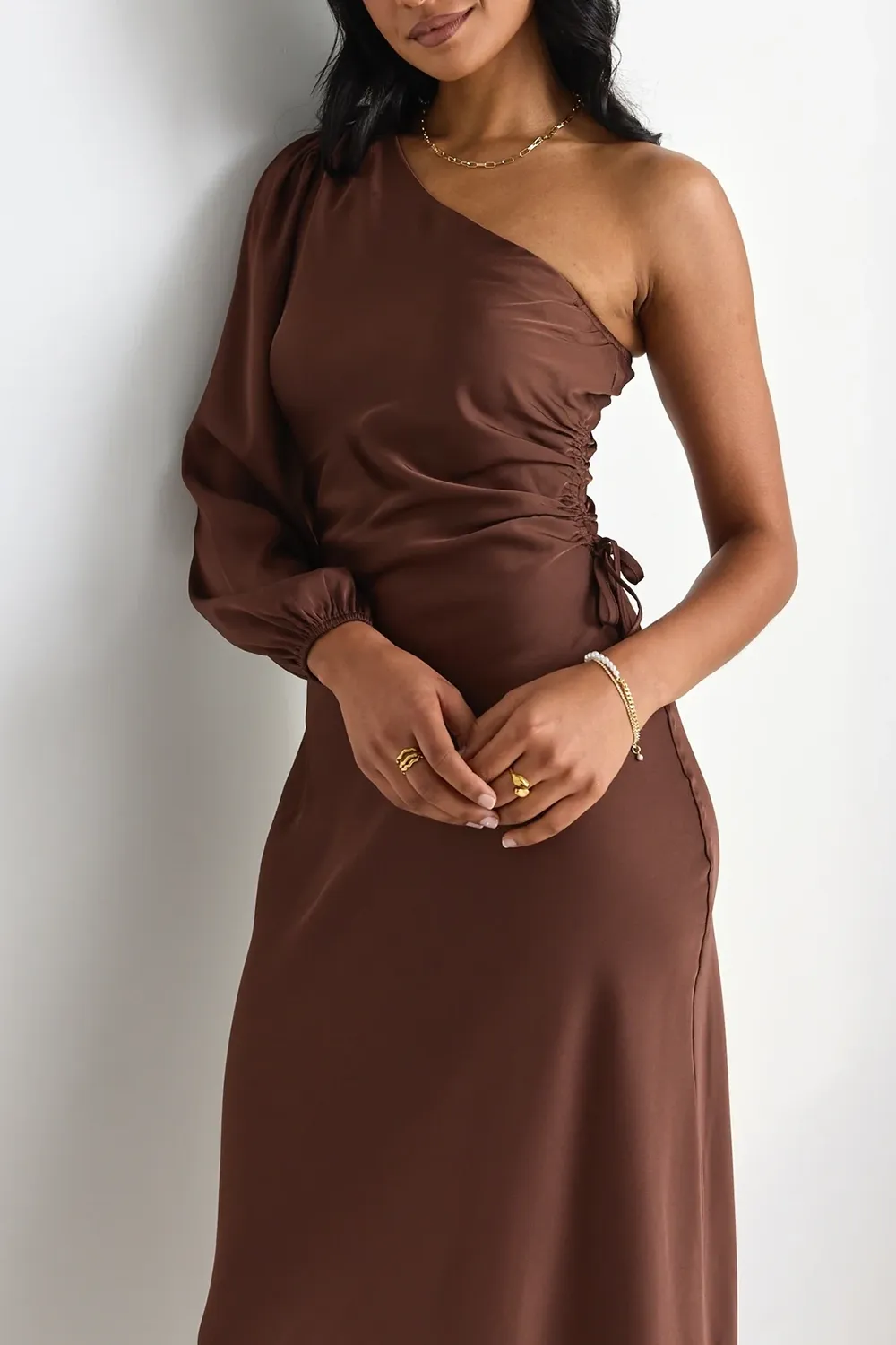 Chocolate Satin One Shoulder LS Midi Dress