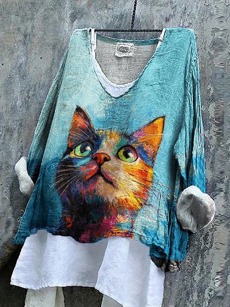 Women's Retro Oil Painting Pop Cat V-neck Shirt