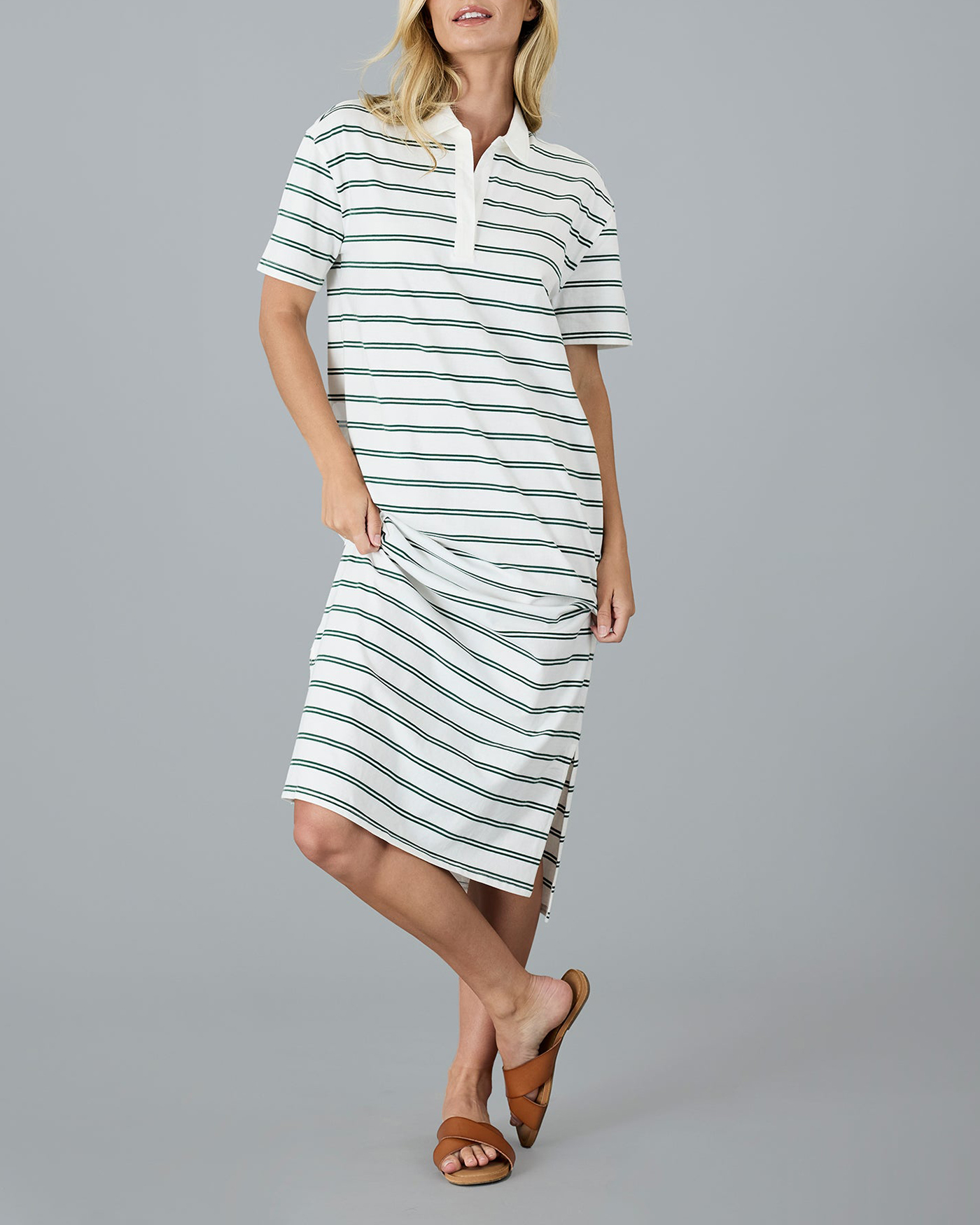 Green Polo Stripe Puff Sleeves Dress