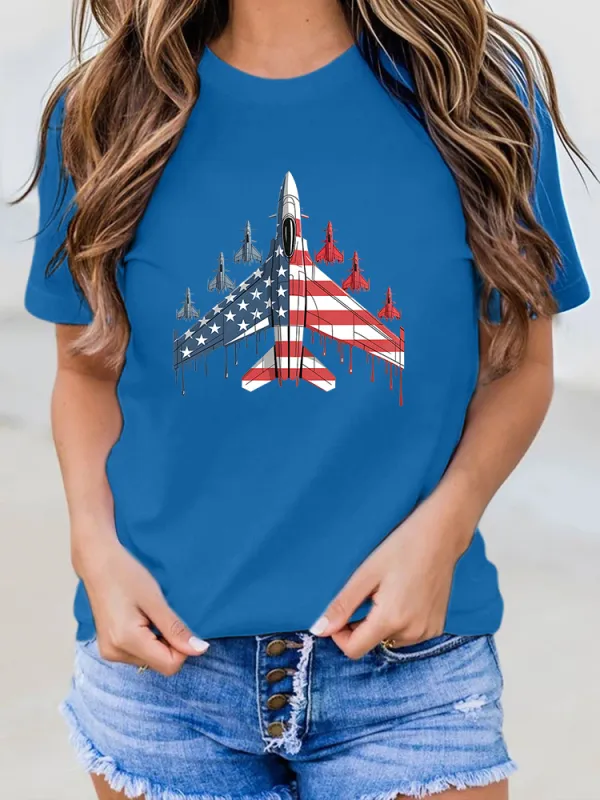 Woman'S Stars And Stripes Airplane Print Round-Neck Short-Sleeved T-Shirt