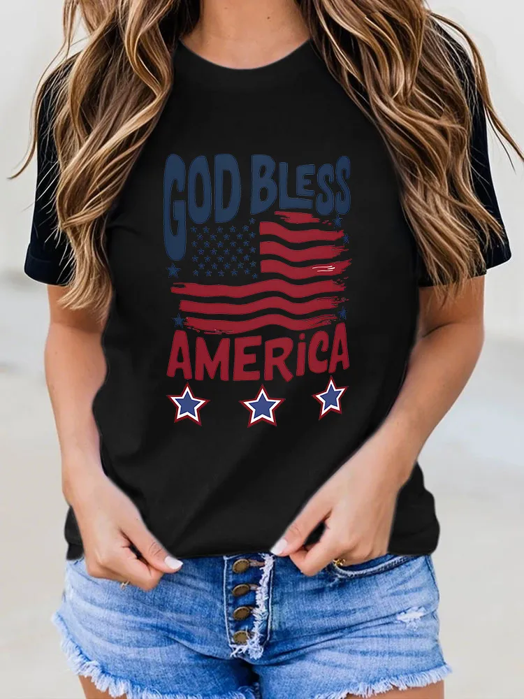 Woman'S God Bless America Round-Neck Short-Sleeved T-Shirt