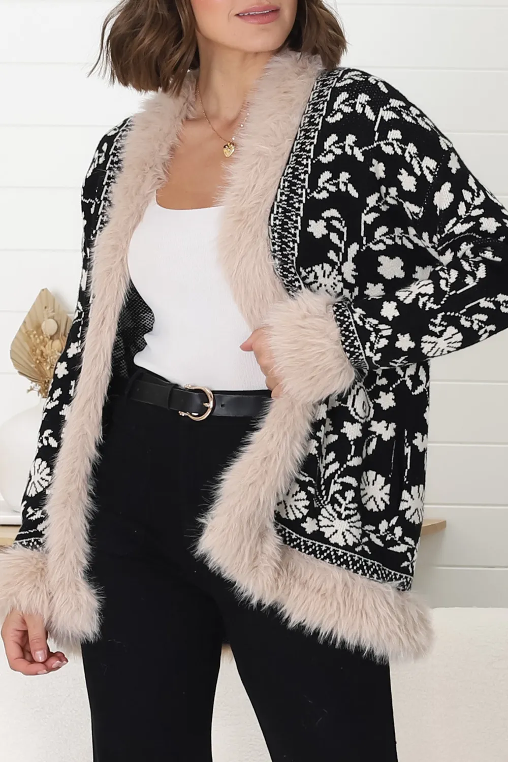 Faux Fur Trim Open Knit Jacket